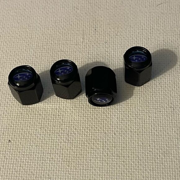 Subaru logo valve Stem caps in black set of 4 NWT - Picture 3 of 4